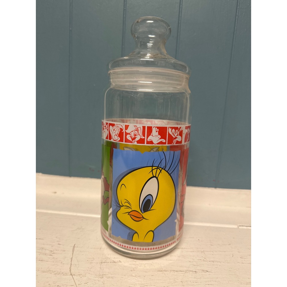 Looney Tunes Character tall Glass Jar‎ Candy Cookie Storage Container Lid